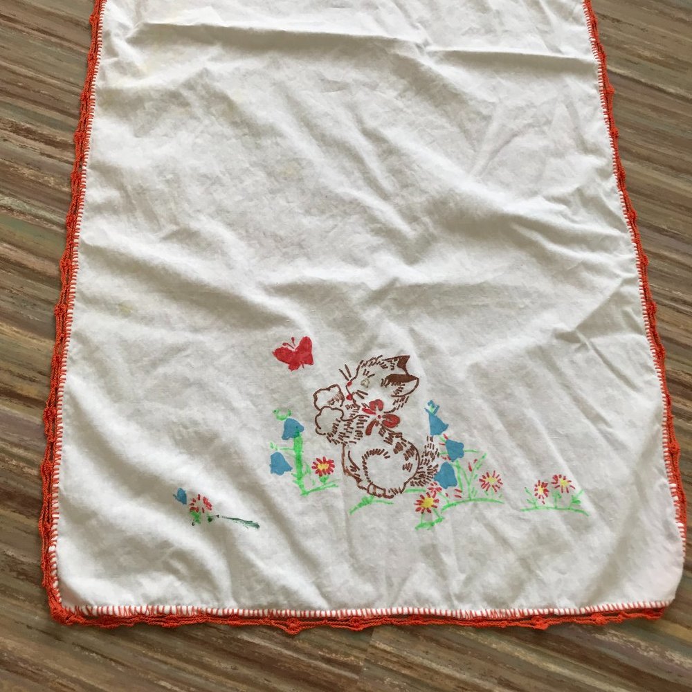 Hand Painted Table Runner Vintage Dresser Scarf Kitten Liquid Embroidery Design